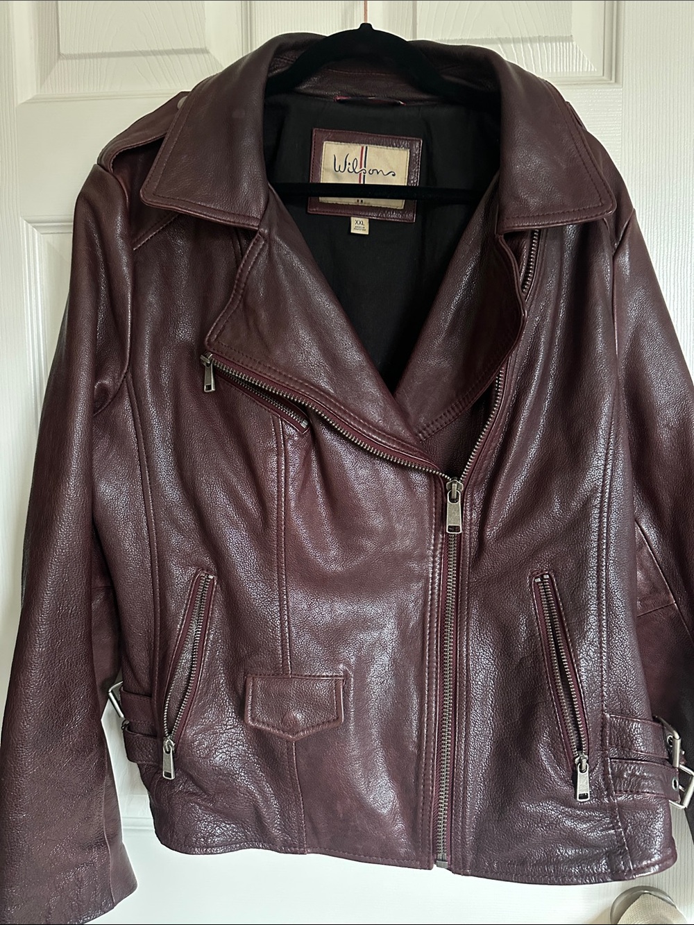 Wilsons Leather Asymmetric Biker Moto Jacket Burgundy Wine XXL Double Buckle